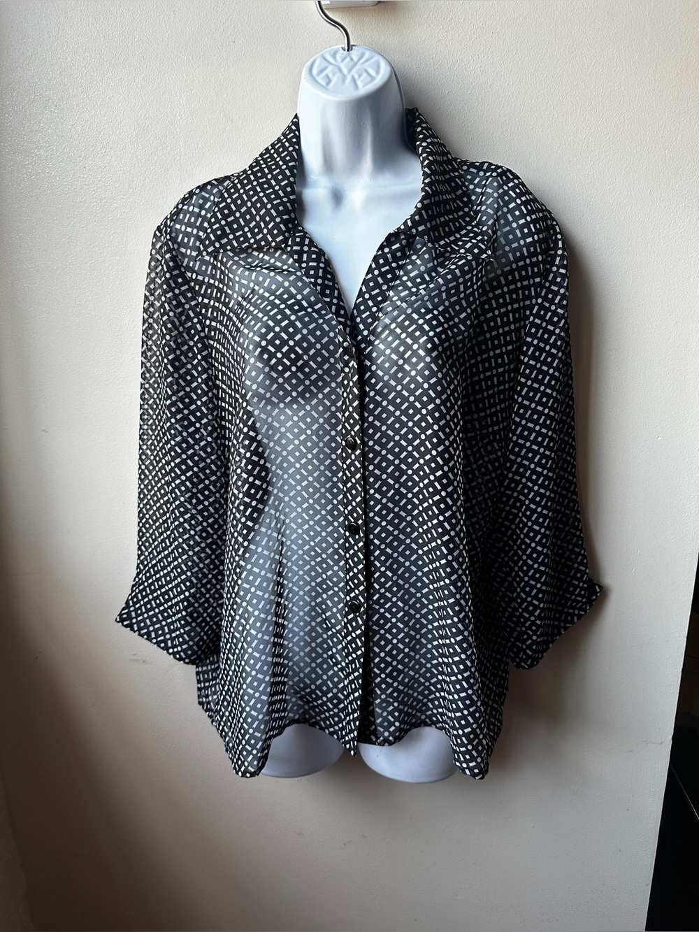VTG 90s Black White Sheer Geometric Chiffon Blouse 3/4 Sleeve Button Up Retro, L